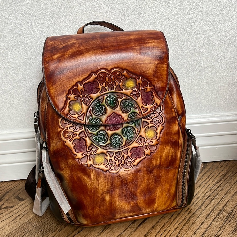 Leather Backpack with Multiple Pockets and USB Charger Port Attached